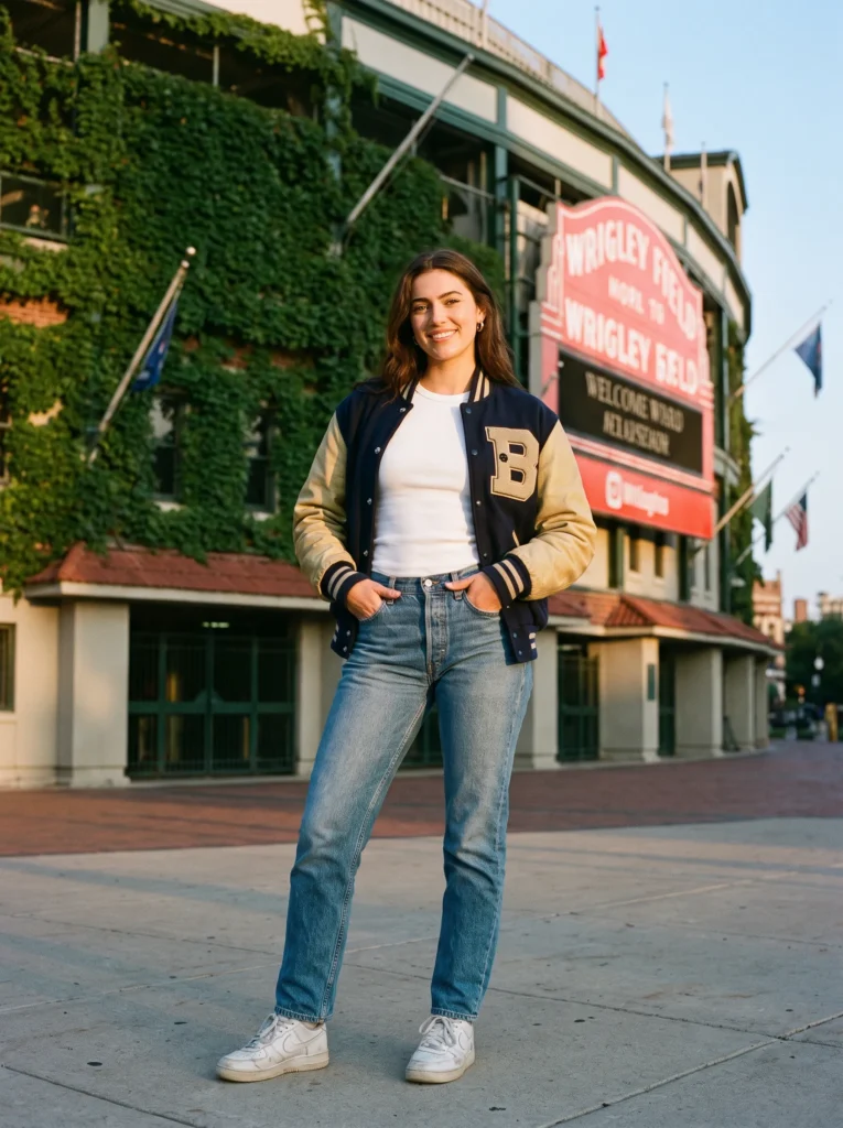 Letterman jacket over a simple outfit