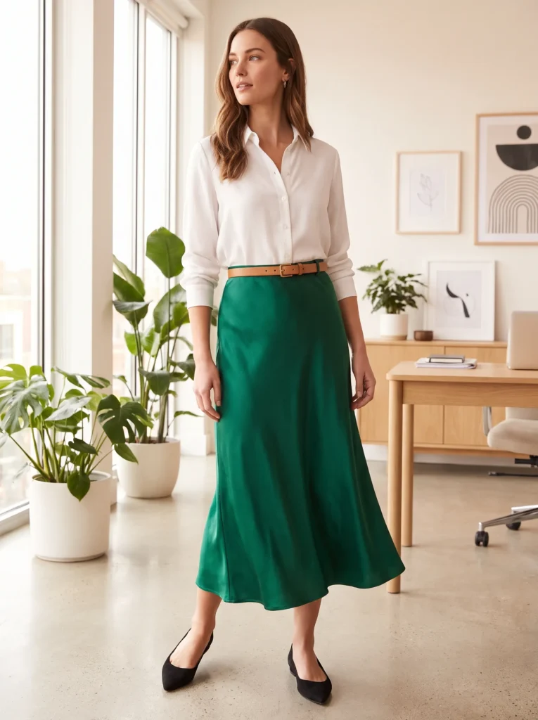 Midi skirt with a tucked in blouse