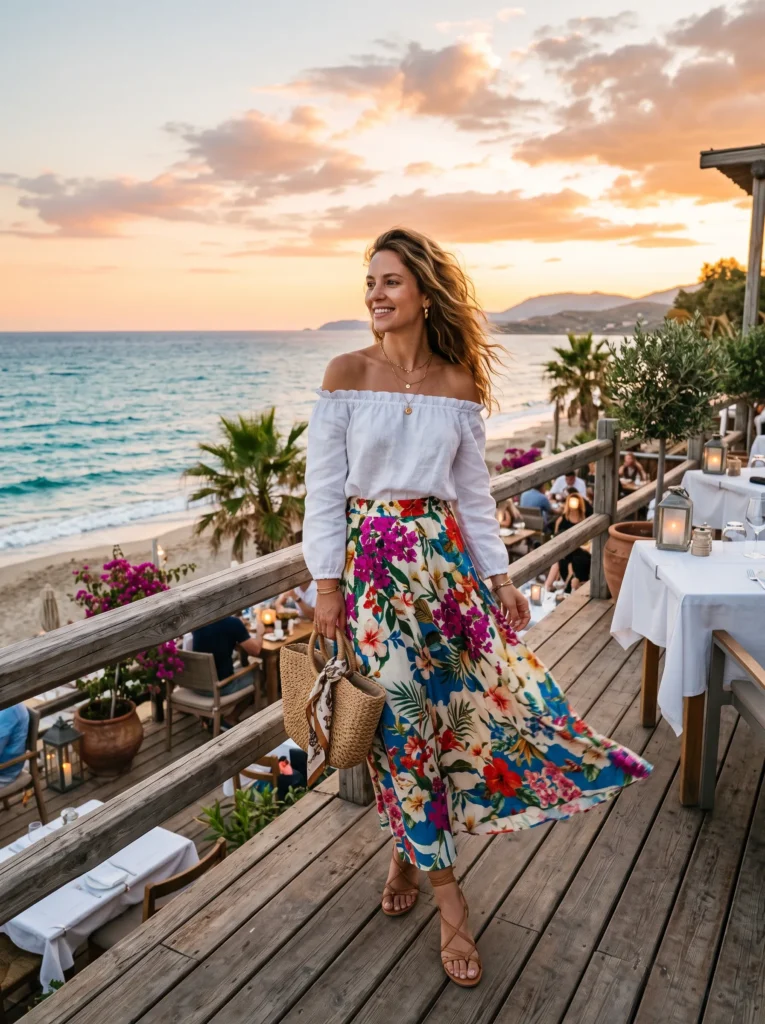 Off shoulder top with flowy skirt
