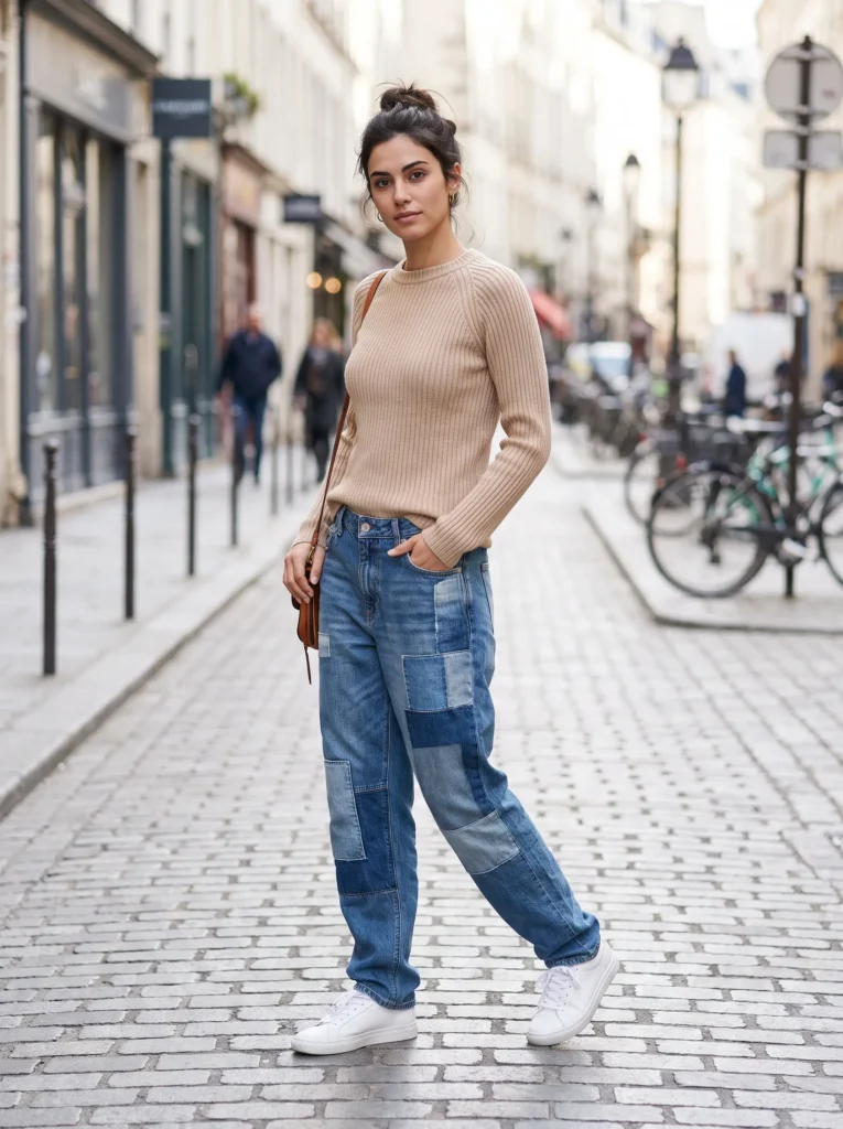 Patchwork jeans with a simple knit