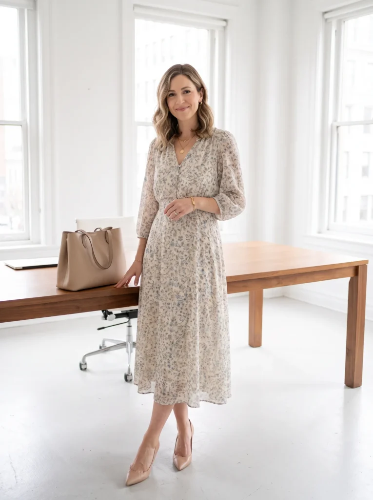 Printed dress with neutral accessories