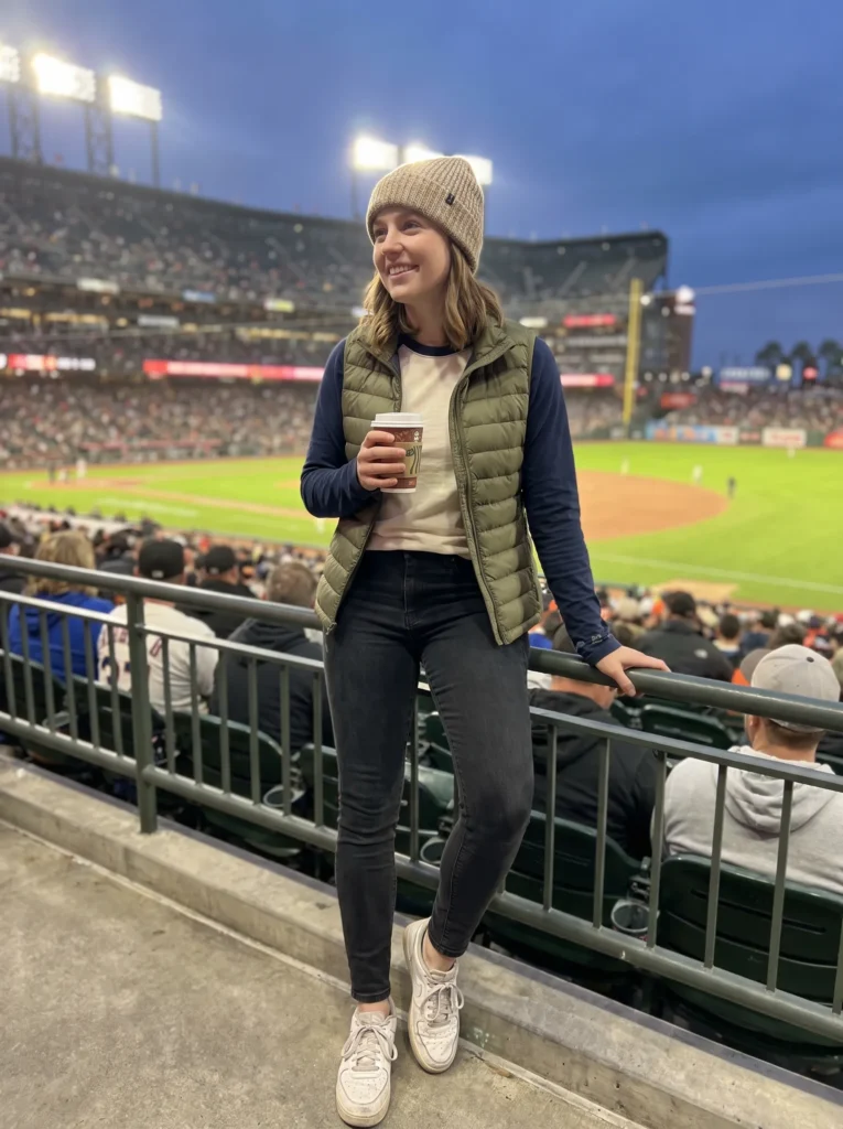 Puffer vest over a long sleeve tee