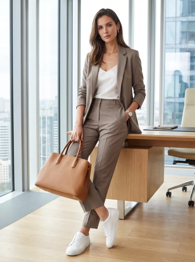 Relaxed trouser suit with a simple camisole