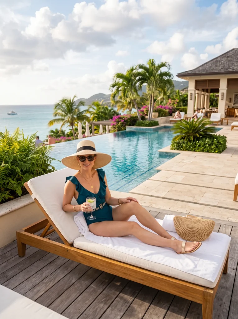 Ruffled swimsuit with a wide brim hat