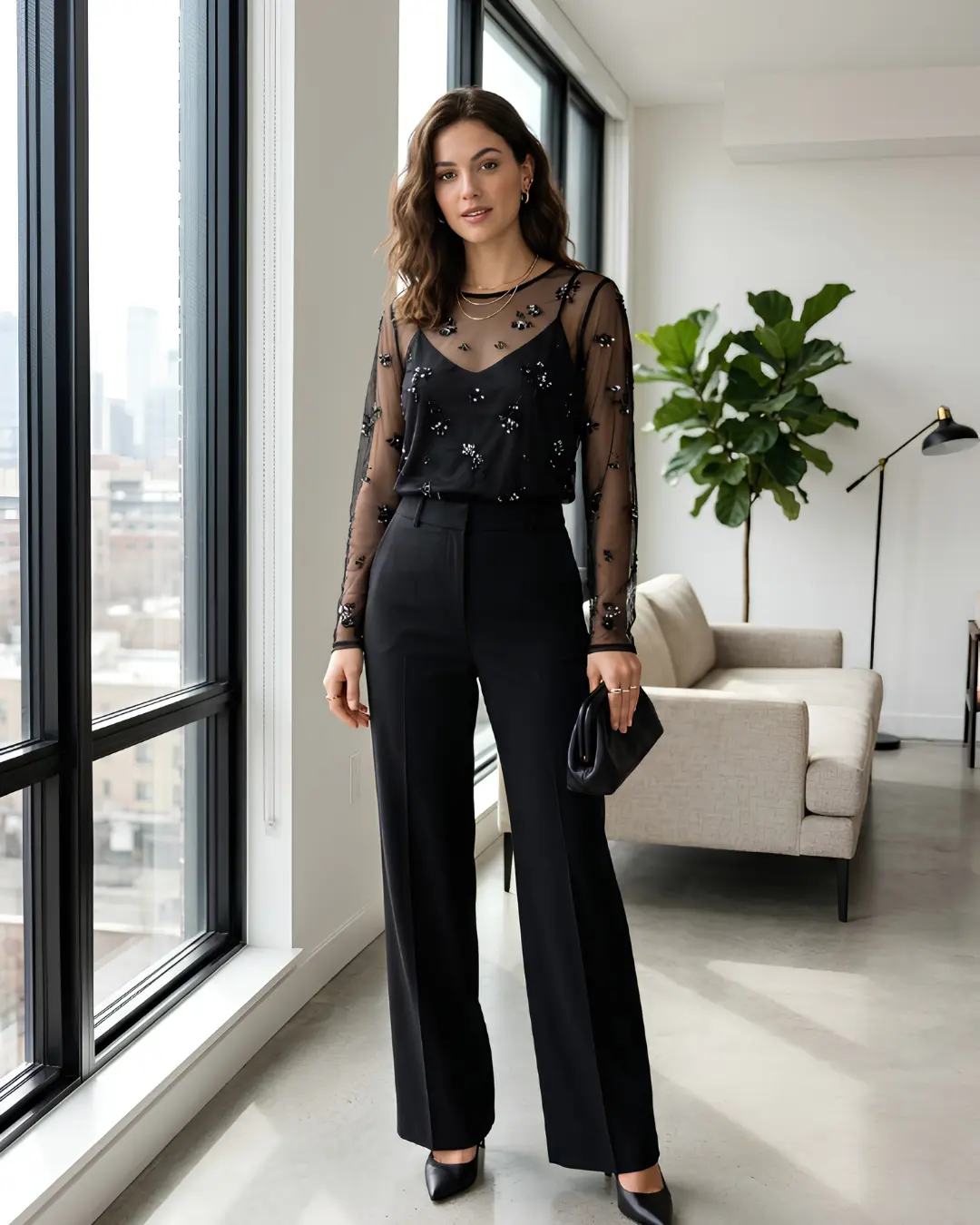 Sheer Embellished Top + High Waist Trousers