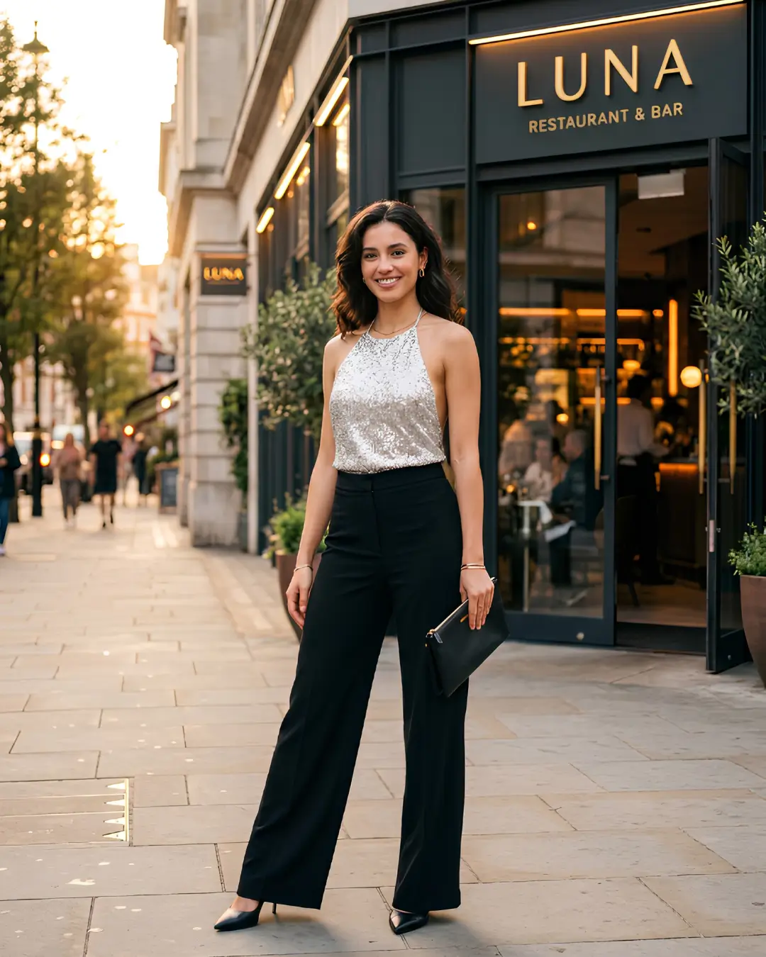 Silver Sequin Top + Black Wide Leg Pants