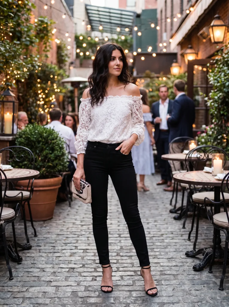 Skinny jeans with a lace top