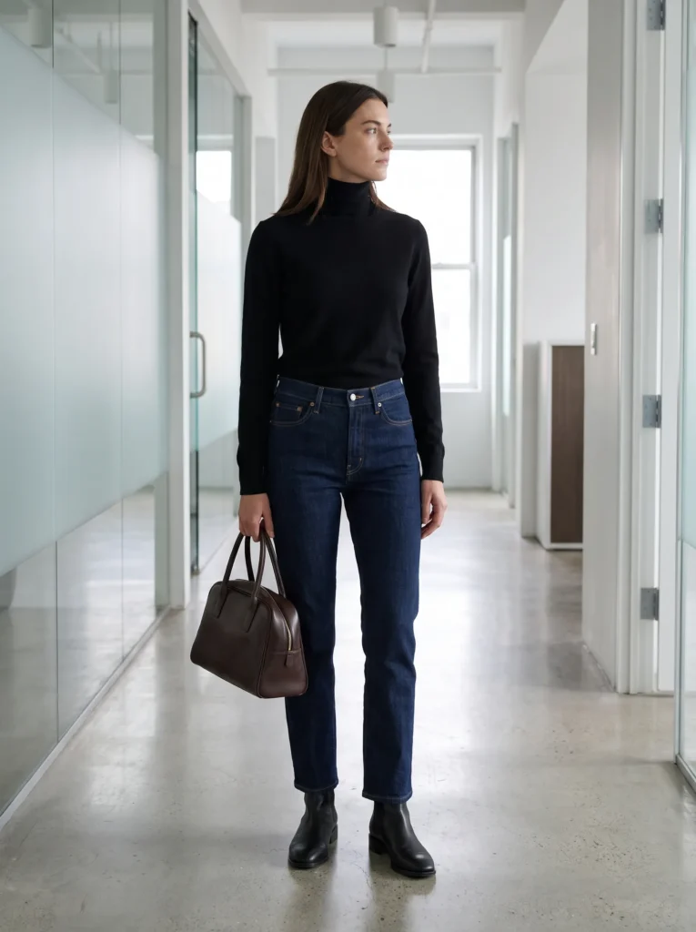 Straight leg jeans with a turtleneck