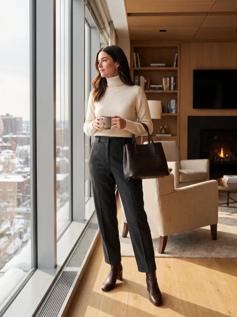Straight leg trousers with a turtleneck