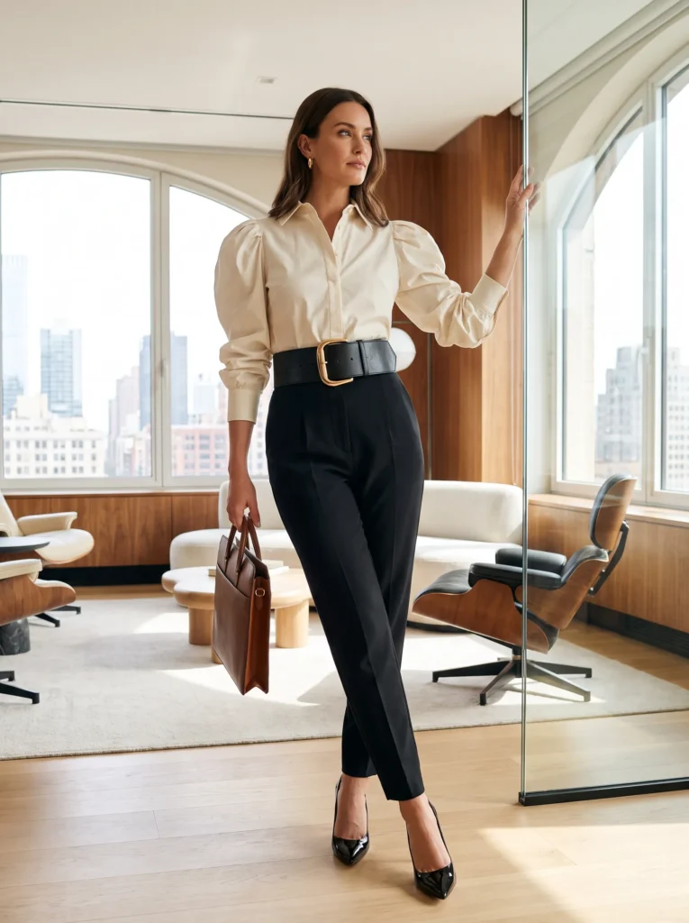 Trousers with a structured blouse and statement belt
