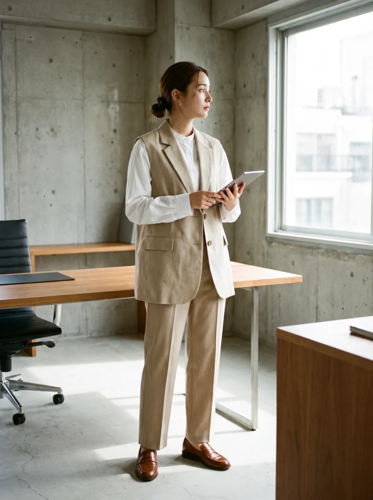 Vest over a long sleeve blouse