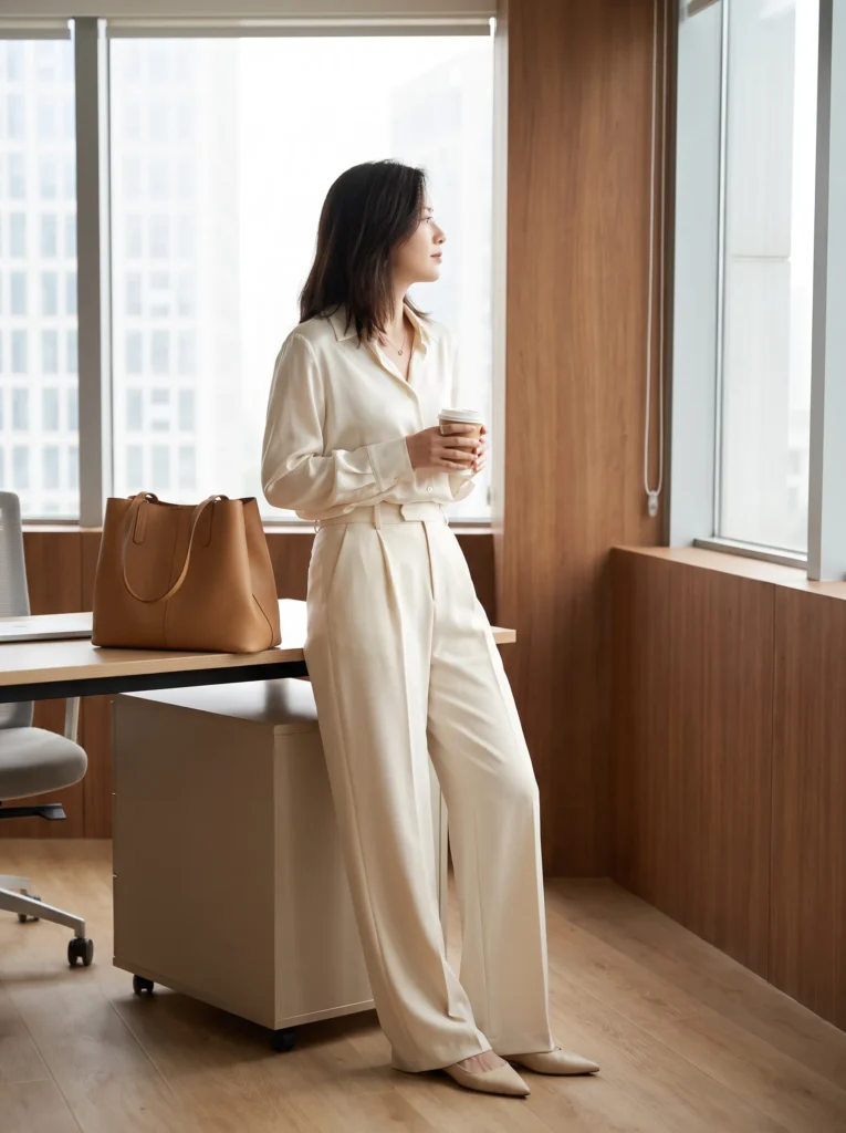 Wide leg trousers with a tucked in blouse