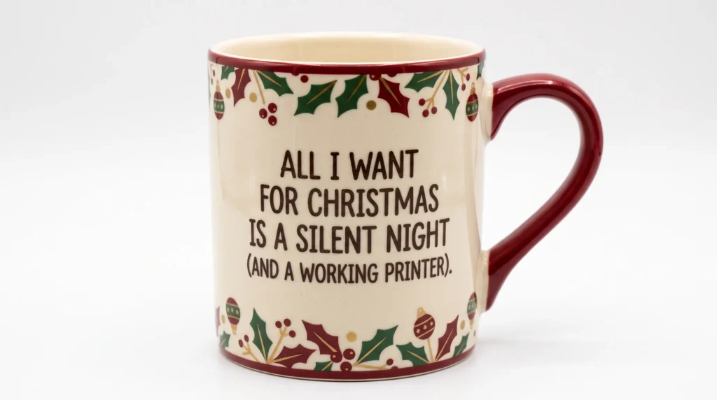 A cozy mug with a funny quote