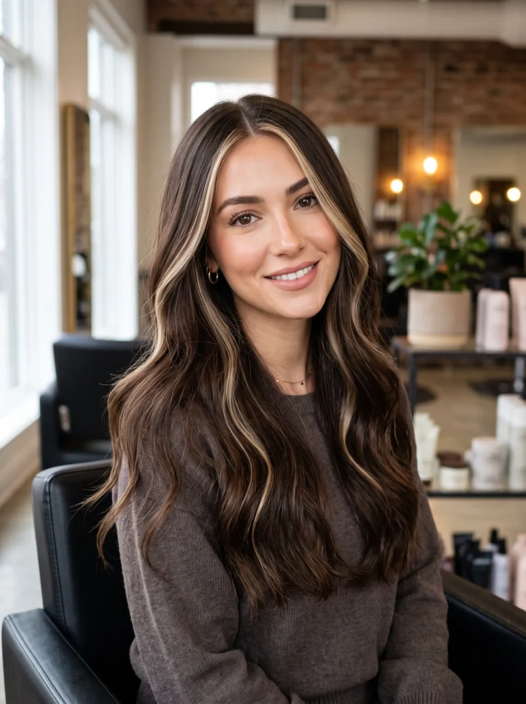 Chocolate brown with blonde face framing
