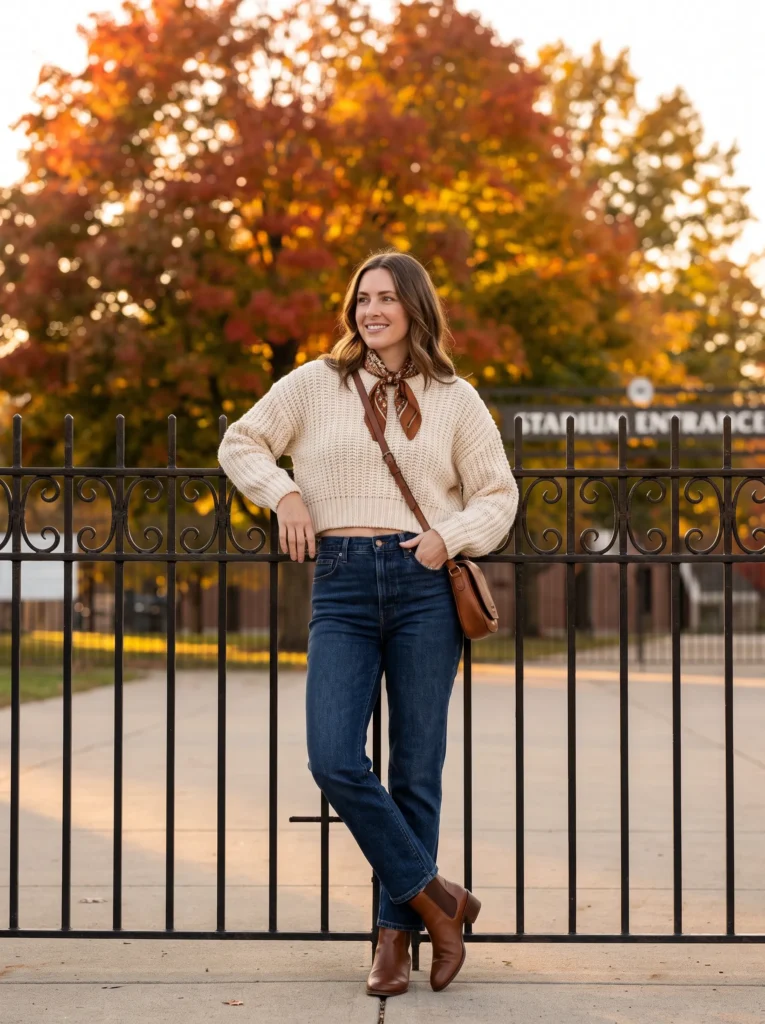 Cropped sweater with high waisted jeans