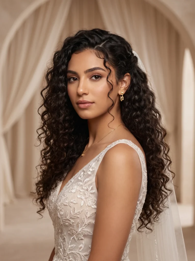 Curly hair with side part and face framing pieces