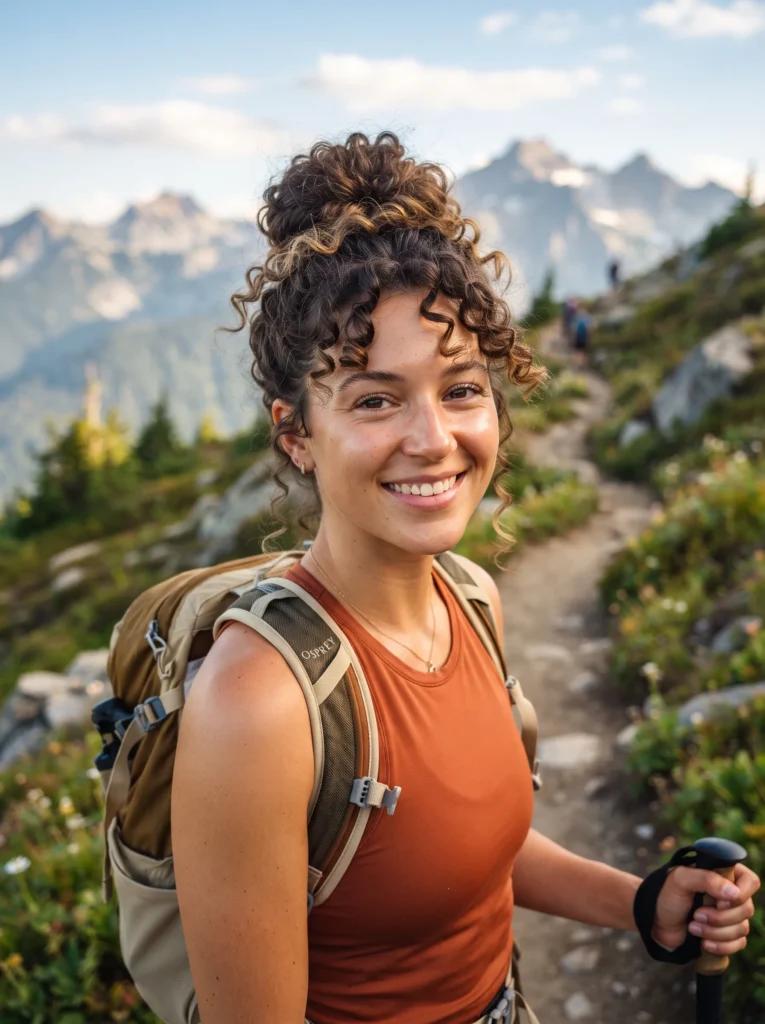Curly high bun with face framing pieces