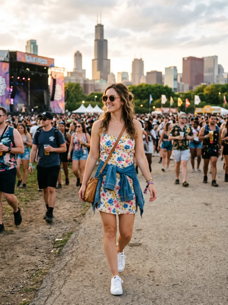 Denim jacket over a sundress