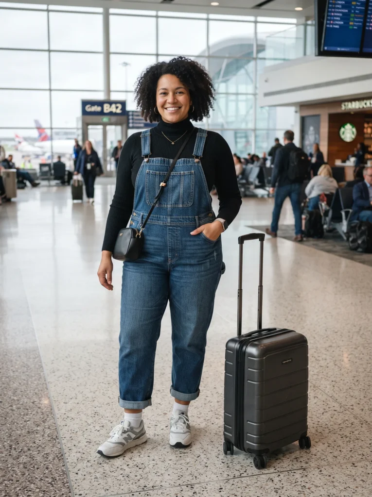 Denim overalls with a turtleneck
