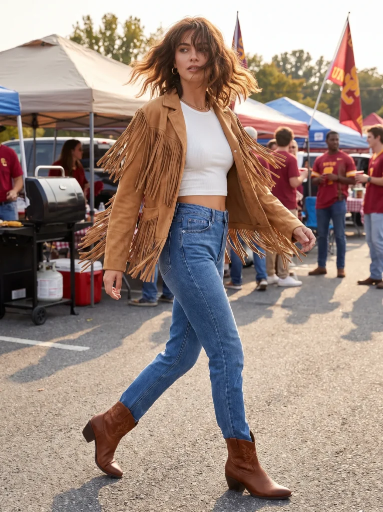 Fringe jacket over a crop top