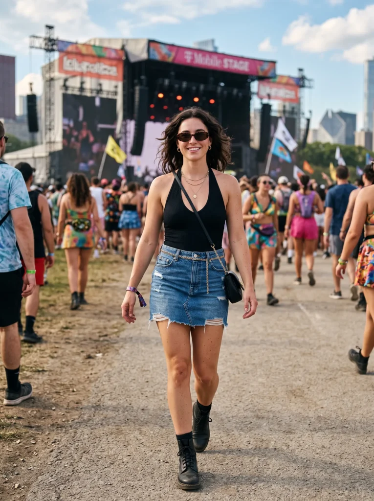 Halter bodysuit and denim skirt