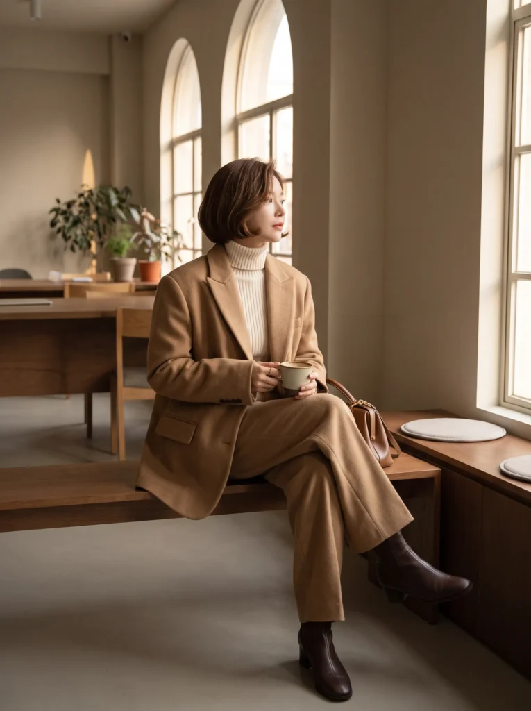 Layer with a turtleneck in cooler months