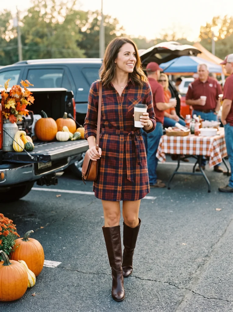 Plaid shirt dress with boots