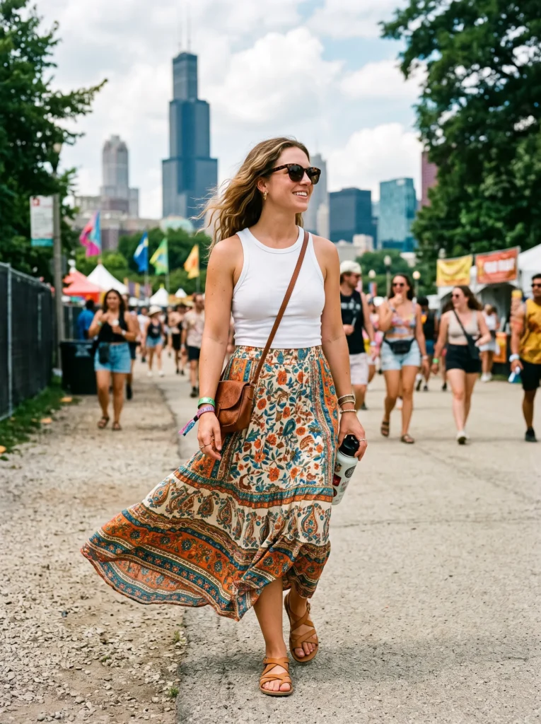 Printed maxi skirt and a simple tank