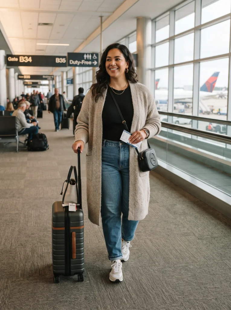 Straight leg jeans with a cozy cardigan