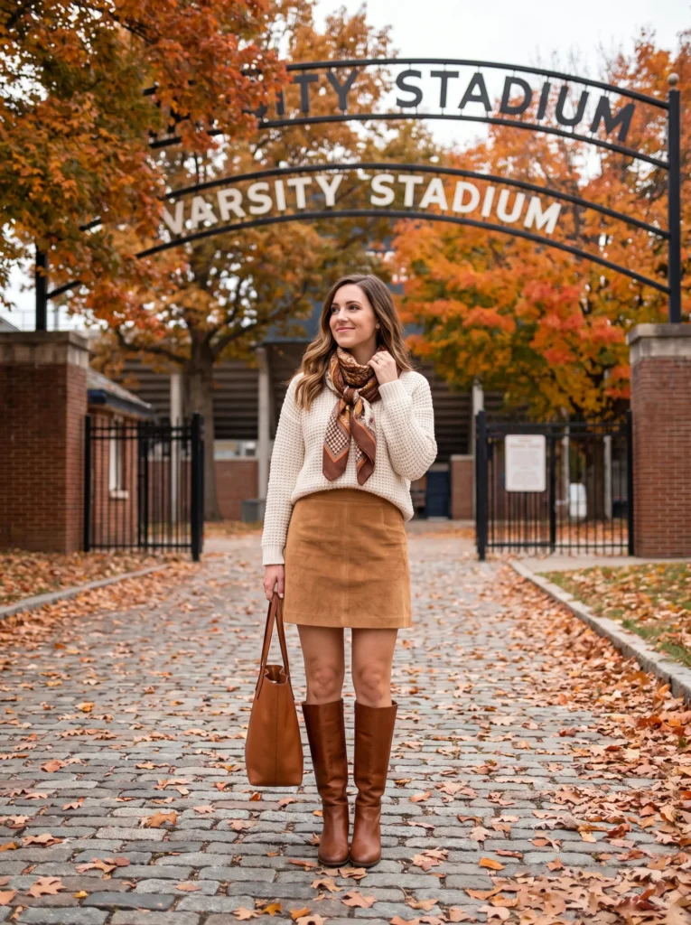 Suede skirt with knit sweater