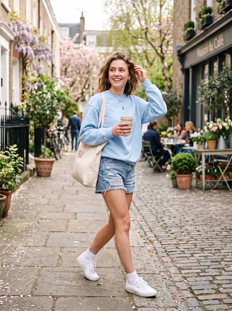 Baby blue sweatshirt with denim shorts