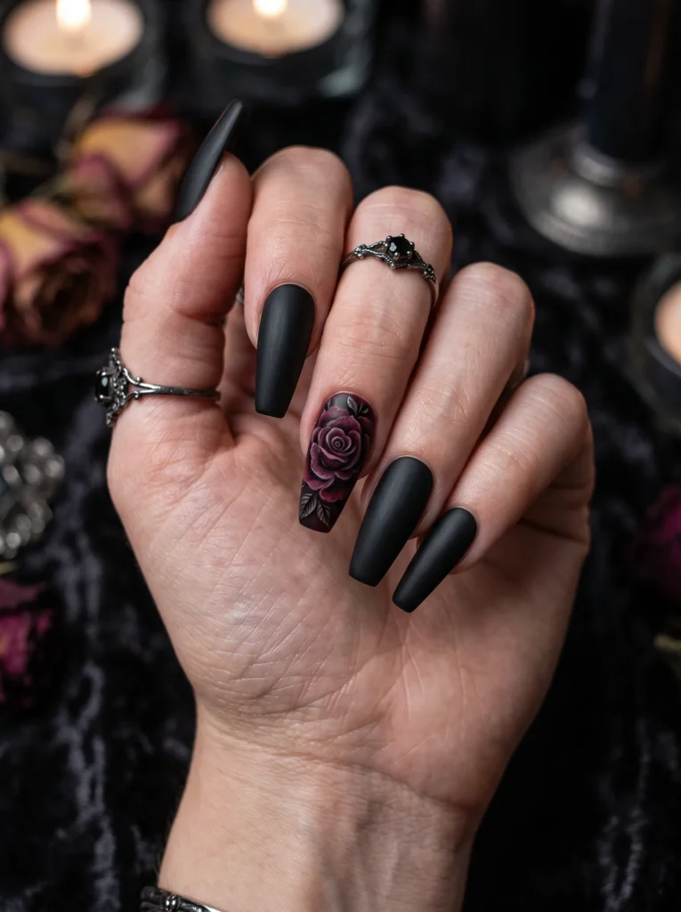 Blackened rose nail art