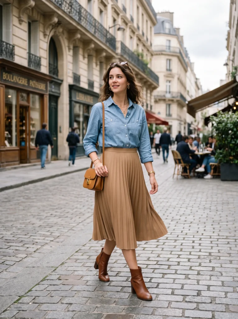 Chambray shirt with a pleated skirt