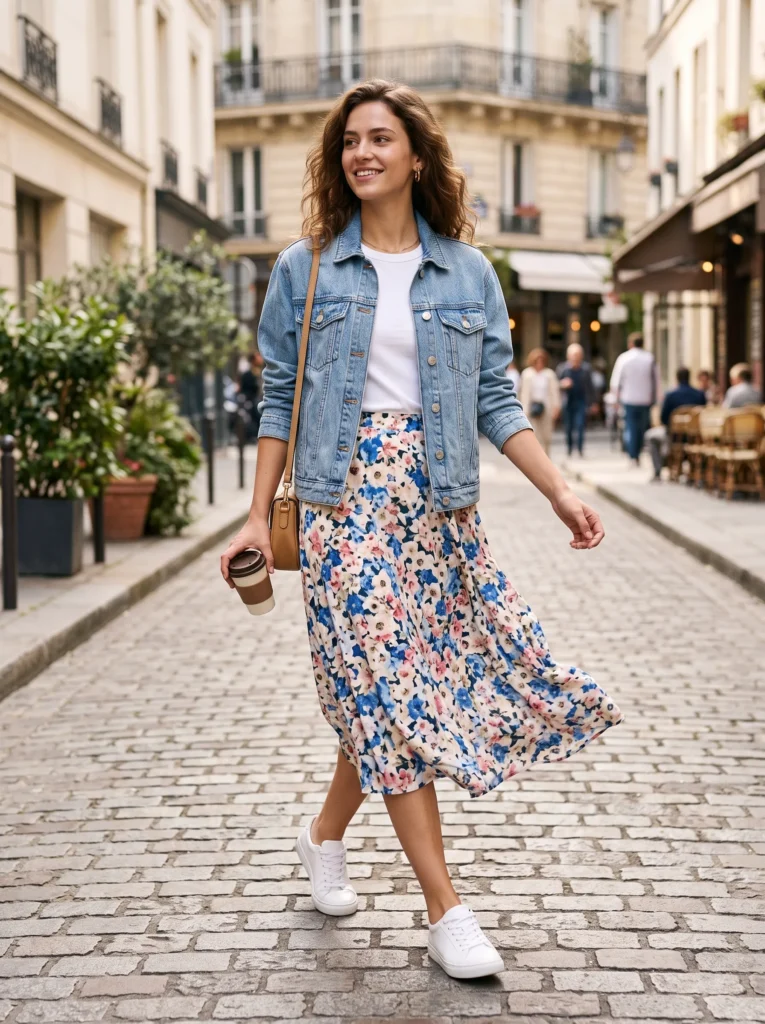 Denim jacket with a midi skirt