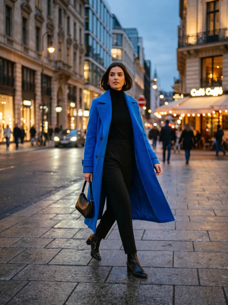 Electric blue coat over an all black outfit