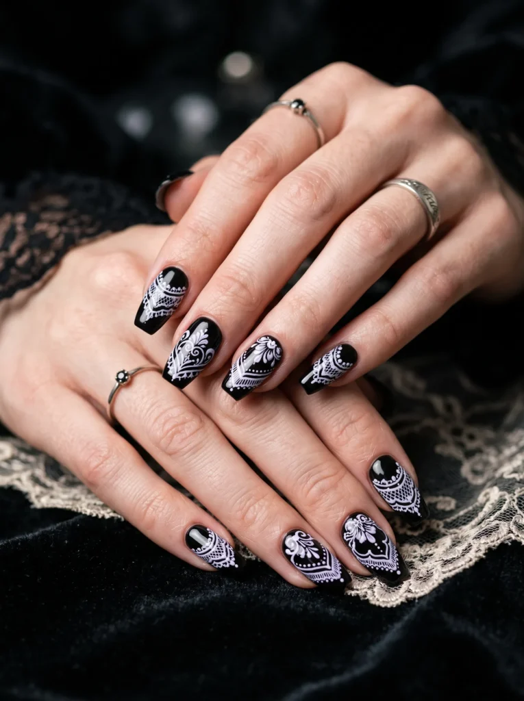 Gothic lace nail design