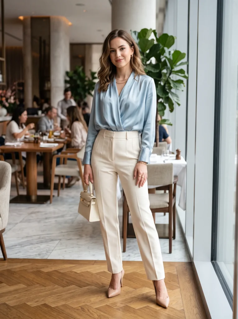 Ice blue silk blouse with tailored trousers