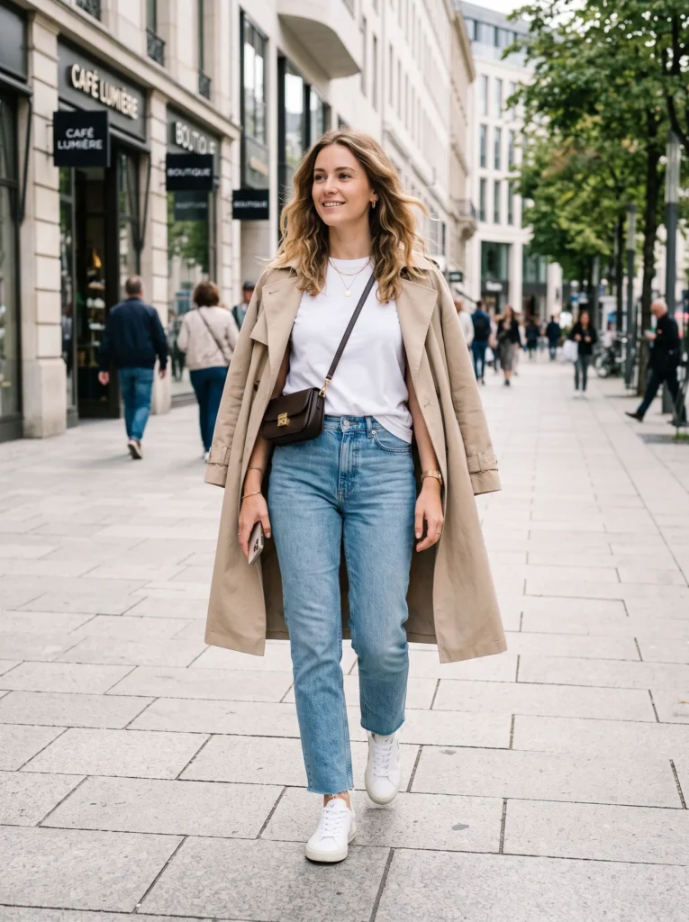 Light blue jeans with a classic white tee