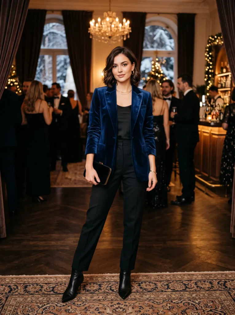 Midnight blue velvet blazer with black trousers