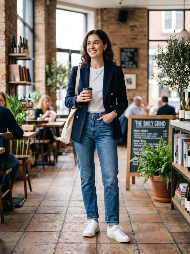 Navy blazer with white tee and jeans
