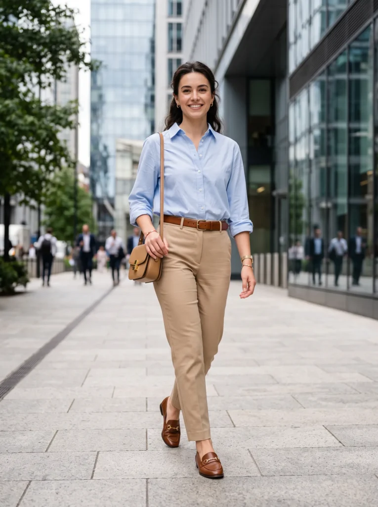 Powder blue button down with tan trousers