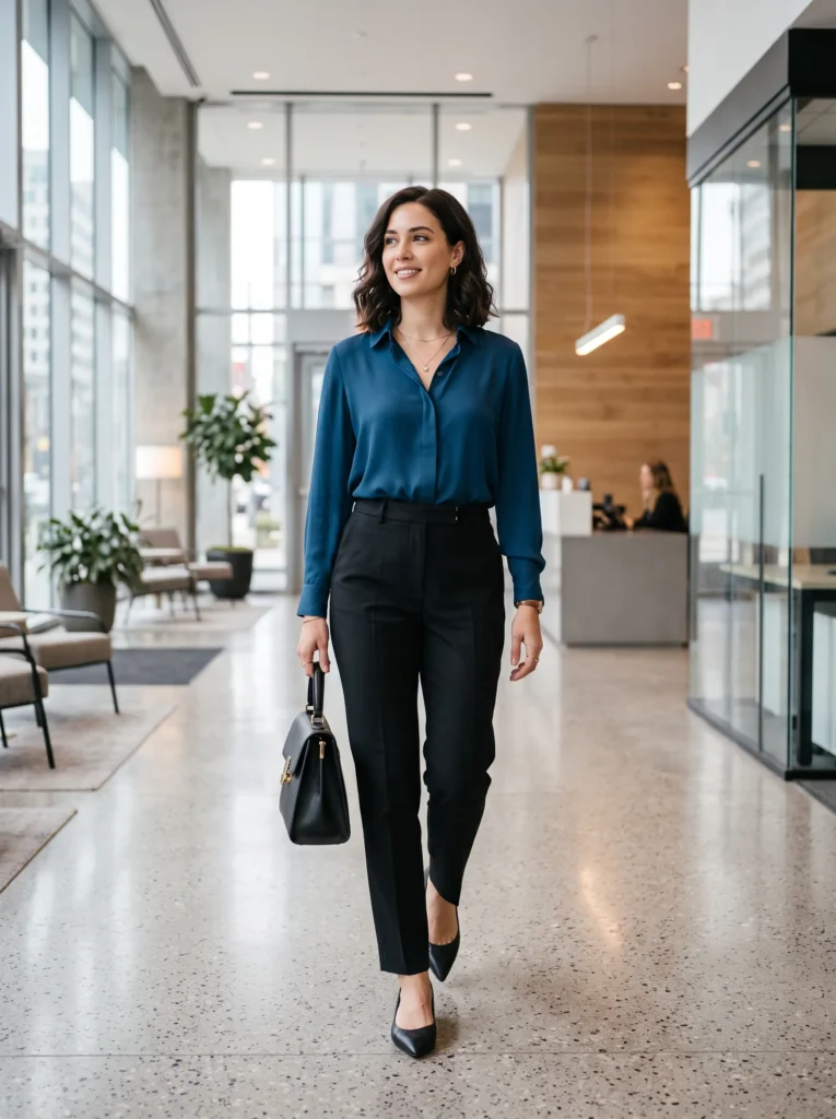 Teal blue blouse with black pants