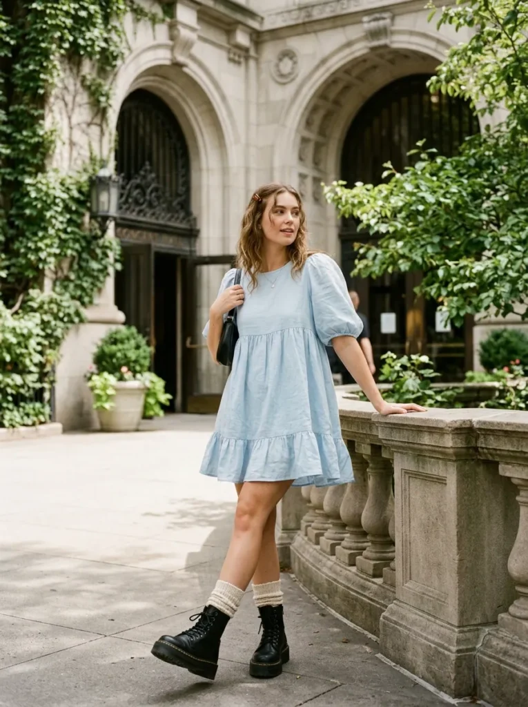 Babydoll dress with slouchy socks and boots