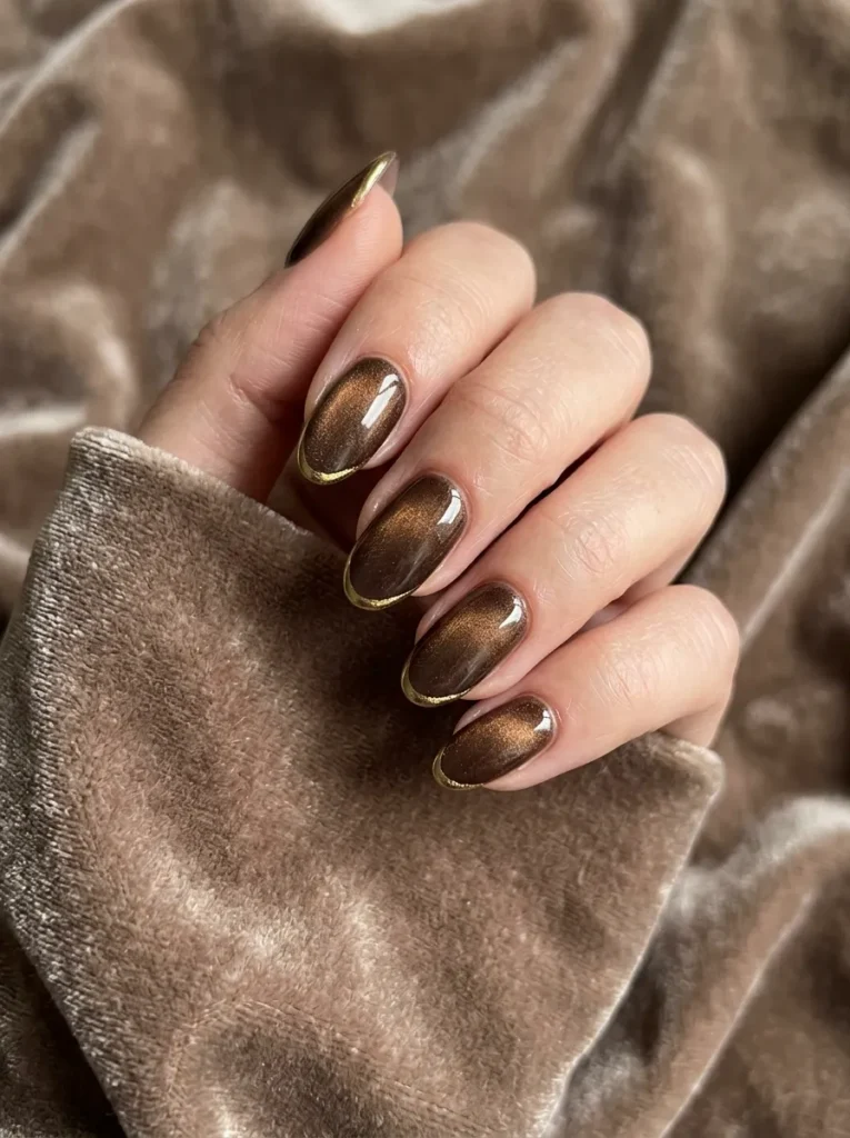 Brown velvet nails with gold edge