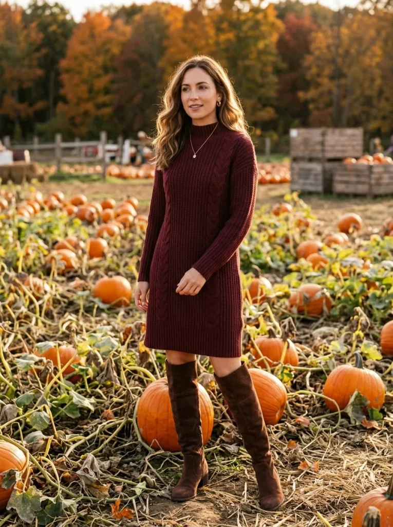 Burgundy sweater dress with tall boots