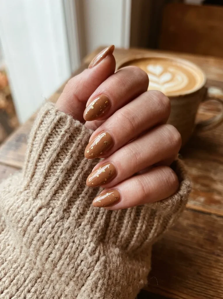Caramel latte nails with gold flakes