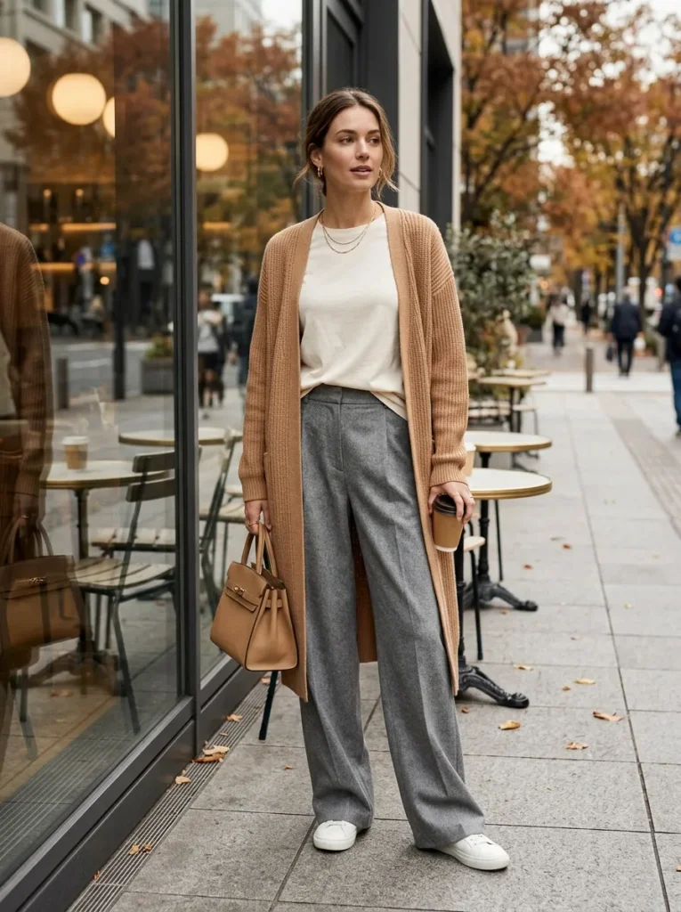 Cardigan, tee, and wide leg trousers