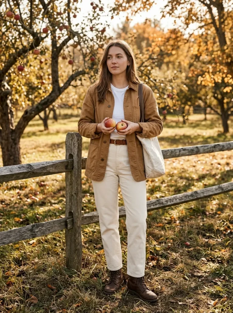 Chore coat with cream trousers
