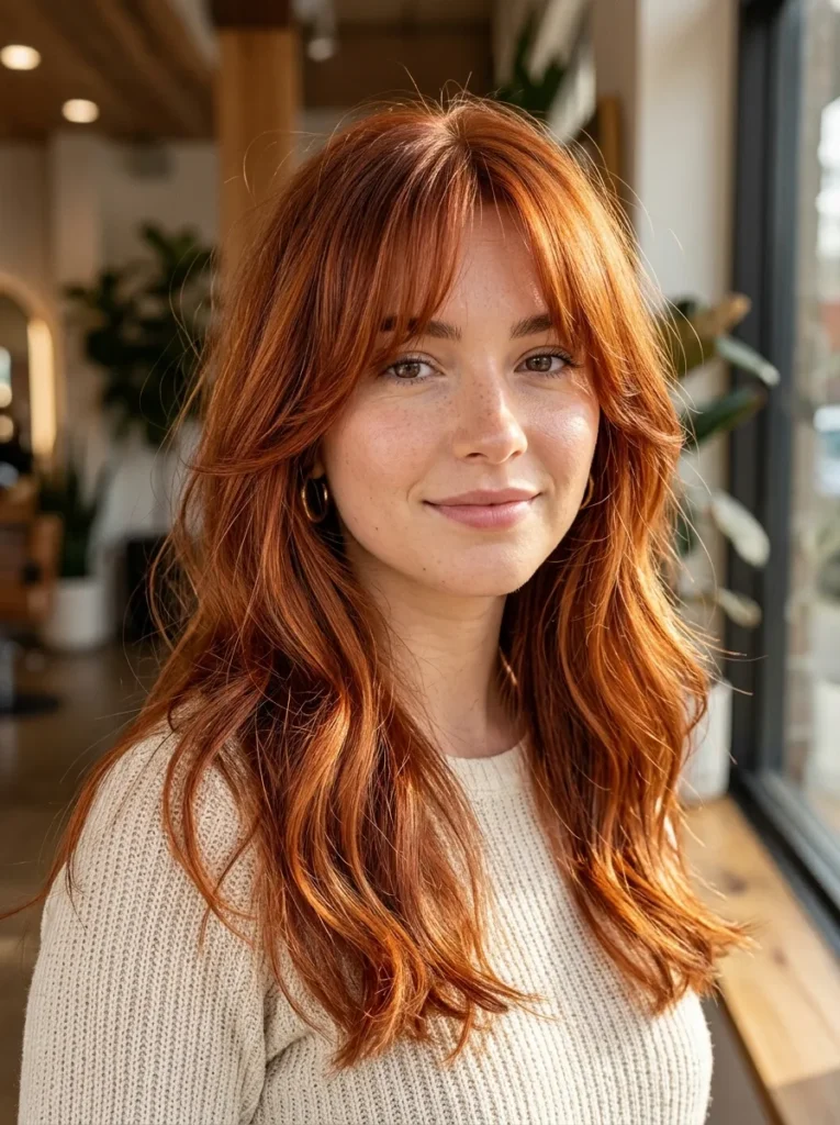 Copper and auburn curtain bangs