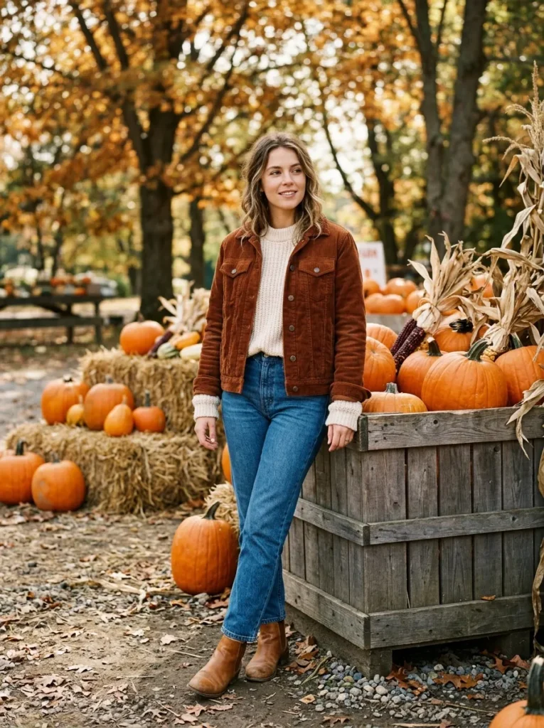 Corduroy jacket with cream sweater